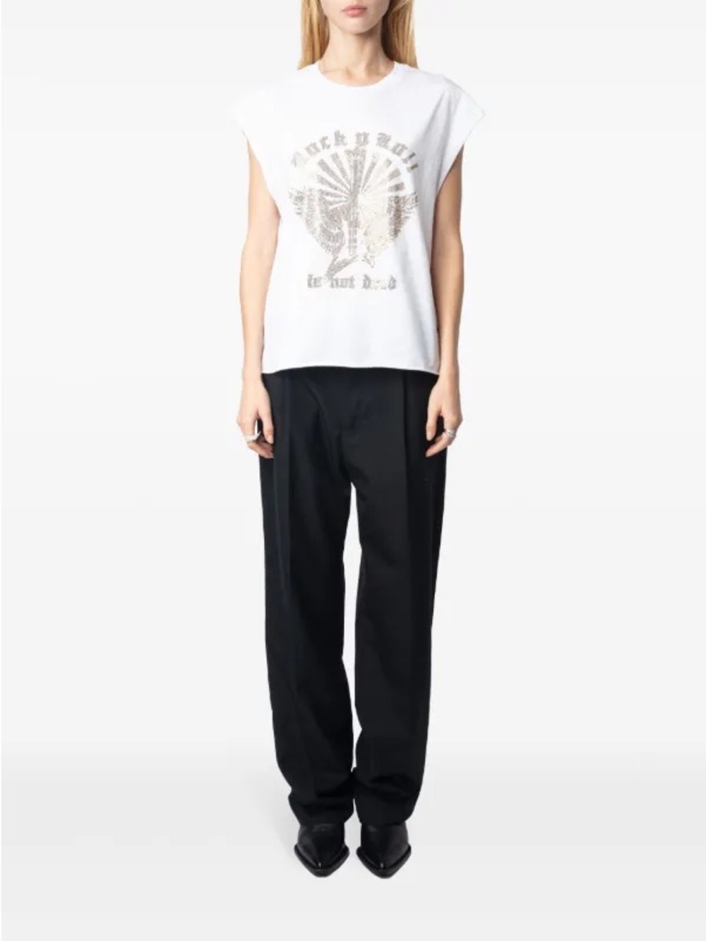 Zadig & Voltaire Cloe Rock’n Roll Rhinestone Graphic Tee NWT Size Small White - Picture 6 of 10